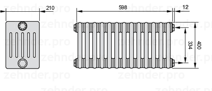 Схема (чертеж) Радиатор Zehnder Charleston 6040/13 №7610 Белый глянцевый RAL 9016